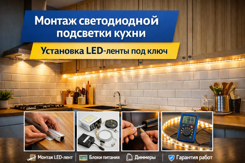 Монтаж светодиодной ленты на кухне