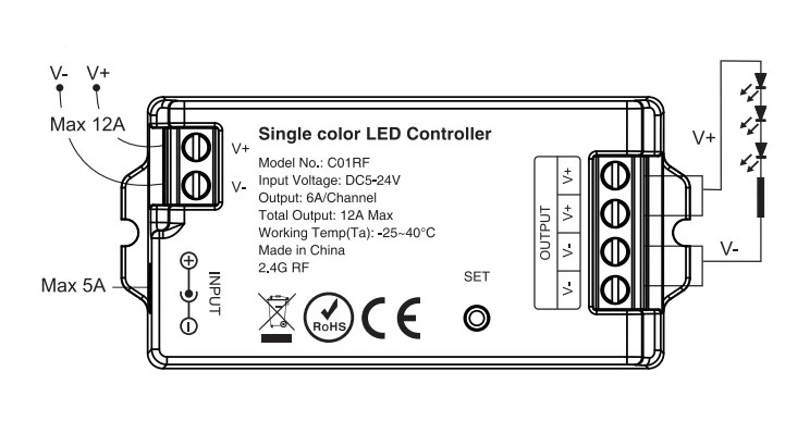 Диммер LP-C01RF-12A, RF, 12A, 5-24DC, дистанция упр.30м, без пульта