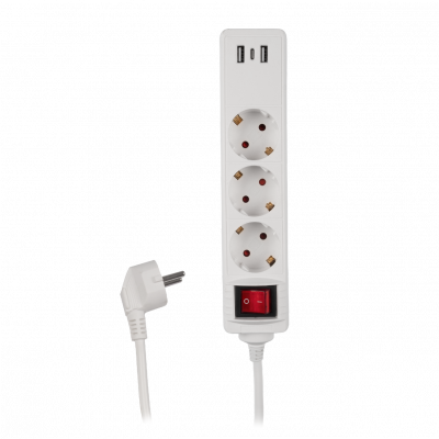 Универсальный электрический удлинитель с 3 USB выходами, предназначенный для питания электроприборов от сети, а также зарядки портативных устройств Выключатель со световой индикацией  Корпус из термоустойчивого, негорючего, ударопрочного пластика. Материа