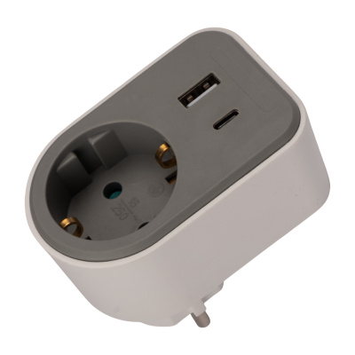 Разветвитель-адаптер JAZZway AD-1GAC-gy электрический с 2 USB разъемами (A+C) Характеристики USB разъемов: USB-A: 5В ⎓, 2,4 А USB-C: 5В ⎓, 3 А Суммарно A+C: 5В ⎓, 3,4 А